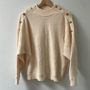 Elie Tahari Mock Neck Sweater Ivory dolman sleeves gold buttons on shoulders L